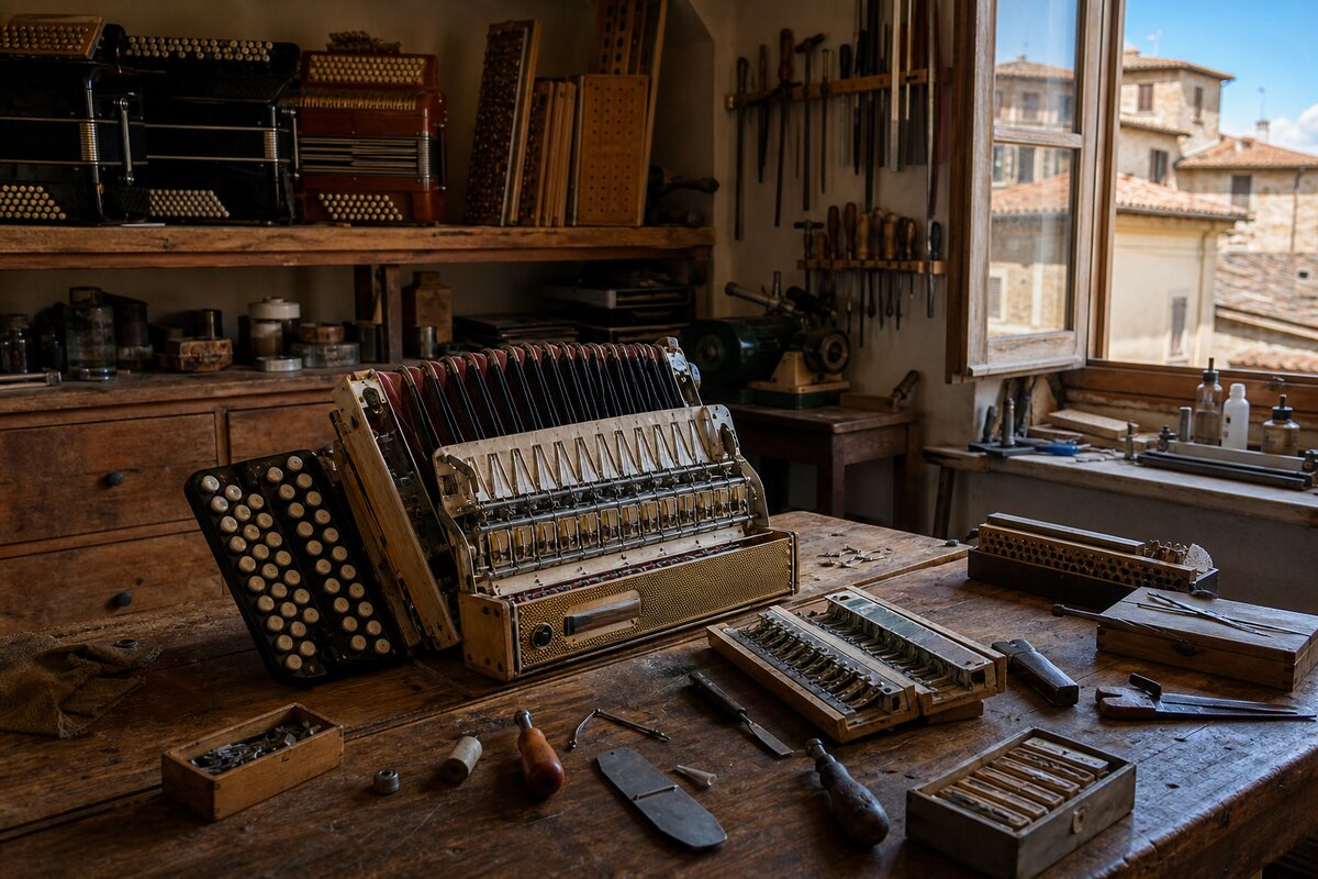 Accordion beside a vintage microphone in an intimate theatre backstage