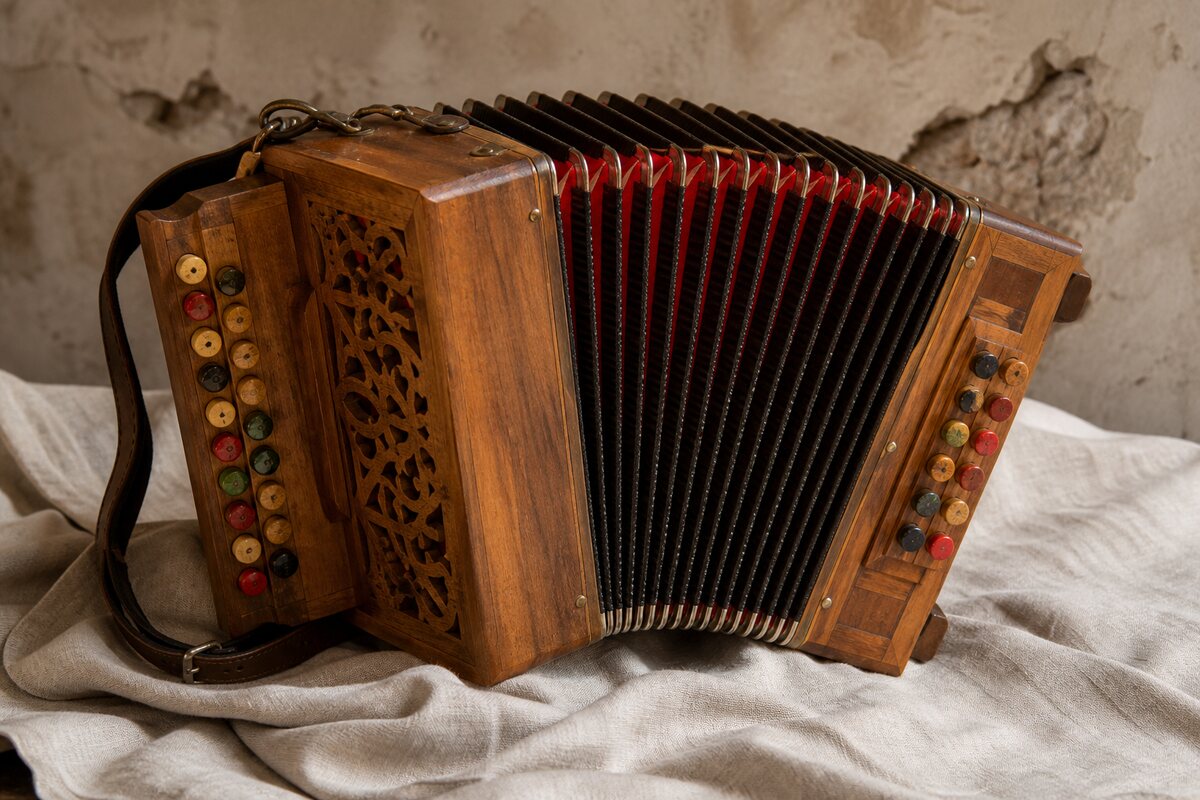 Accordion care ritual with soft cloth and humidity gauge beside an open case