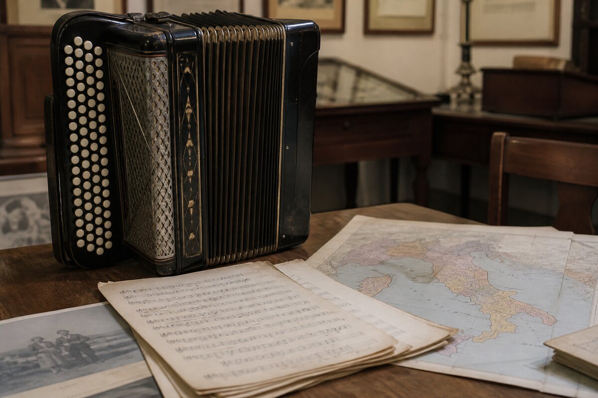 Accordion beside sheet music and an Italian regional map in a reading room