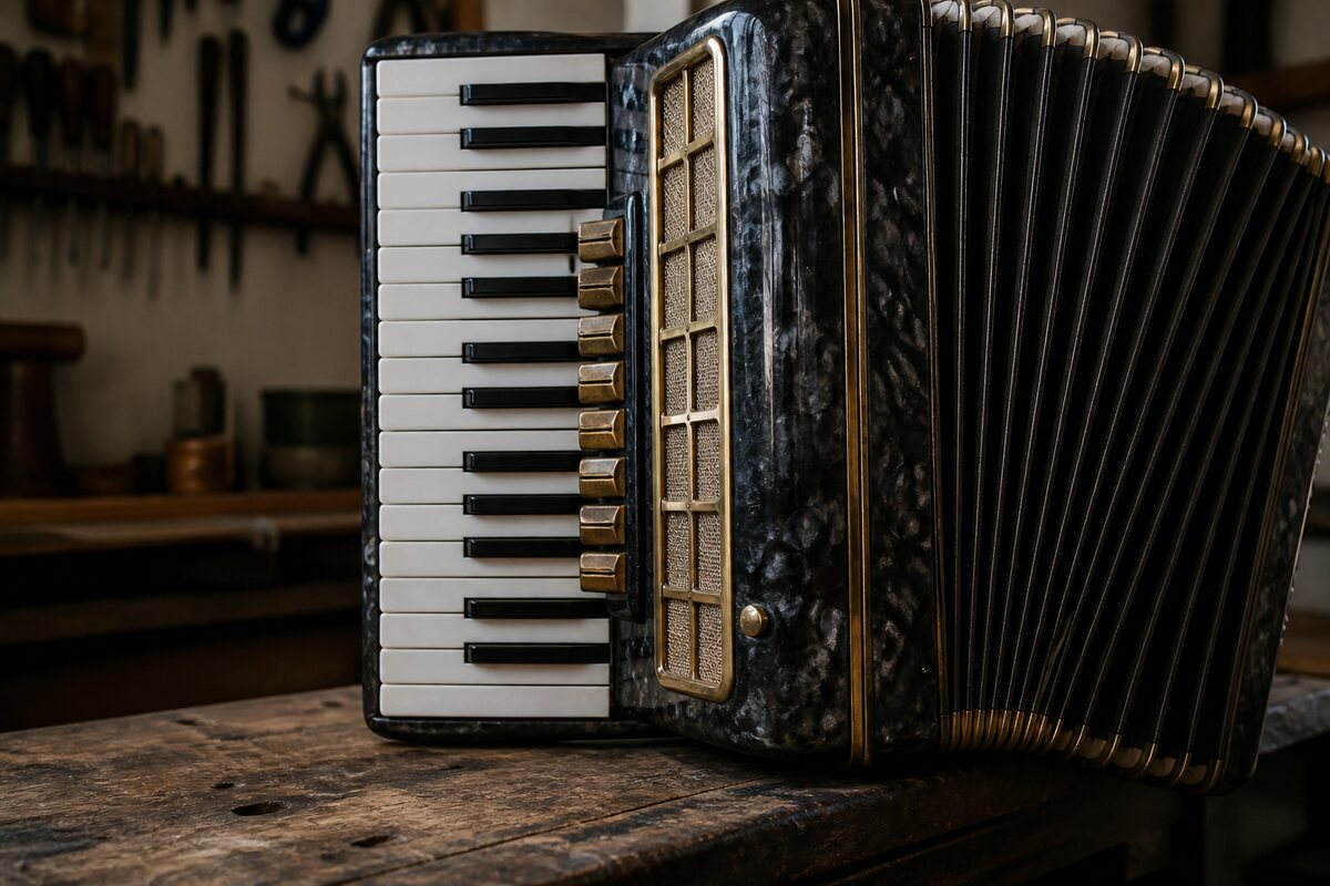 Italian accordion keyboard and bellows on a wooden workshop bench