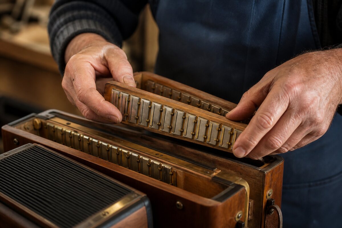 Accordion ready for practice beside a metronome on a quiet stool