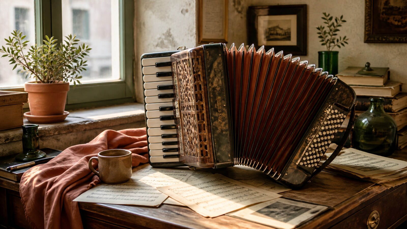 Accordion with bellows fanned across a music desk in warm workshop light
